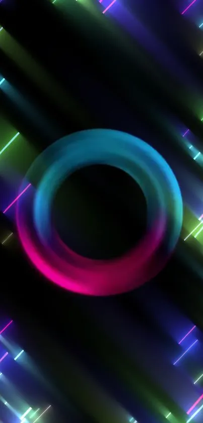 Vibrant neon abstract design with glowing circle and colorful light trails.