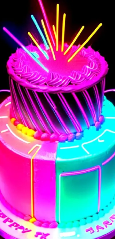 A vibrant neon birthday cake with glowing decorations.