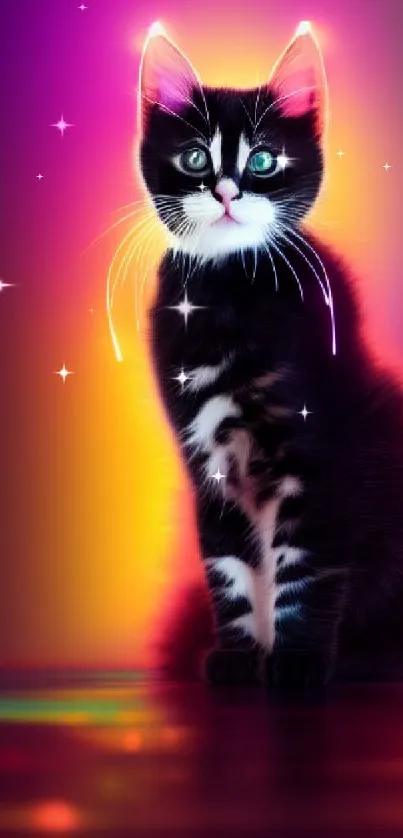 Neon glowing cat with vibrant background.