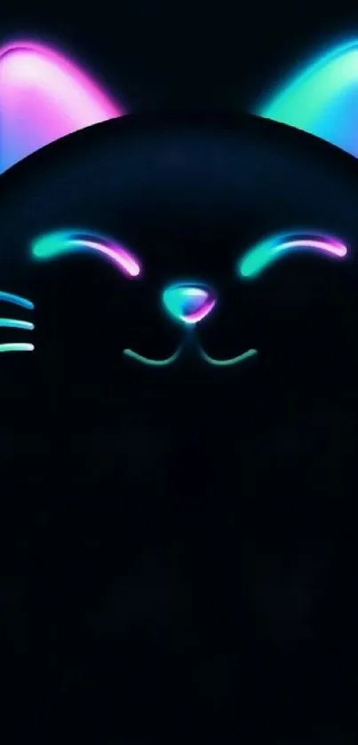 Neon cat with glowing colors on dark background.