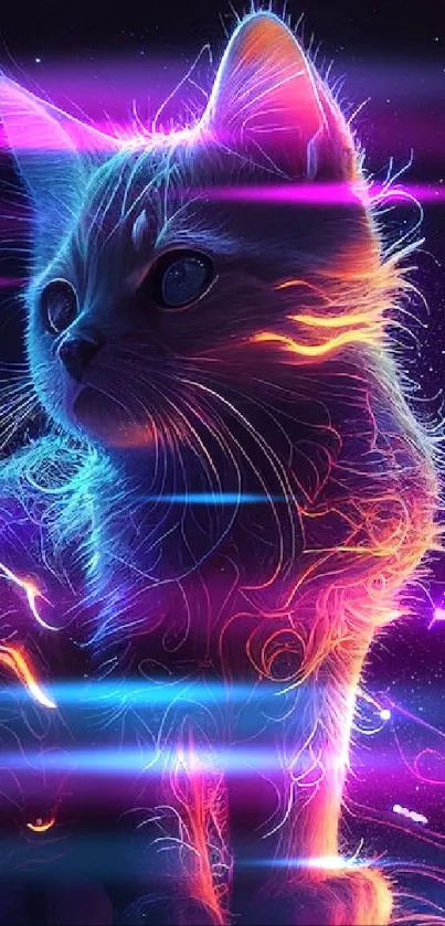 Neon cat with glowing cosmic patterns in a dark atmosphere.