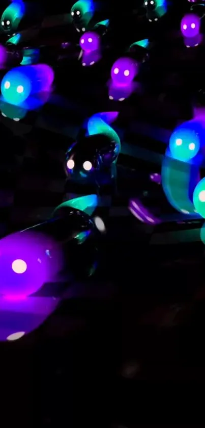 Neon glowing creatures in purple and turquoise on dark background.