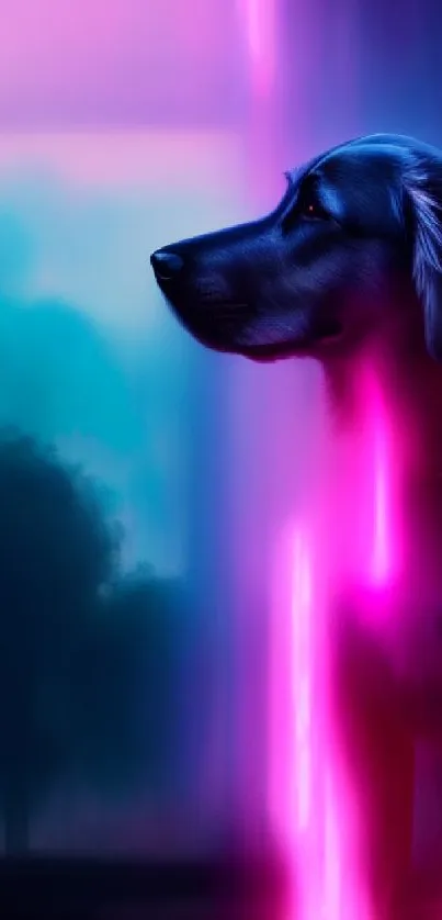 A dog standing in a pink and blue neon glow in a mystical forest setting.