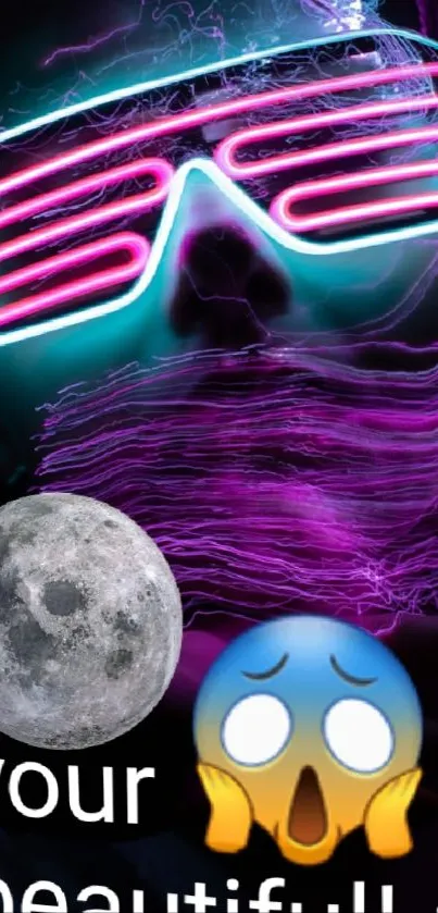 Neon glow effect with emojis and text on a mobile wallpaper.