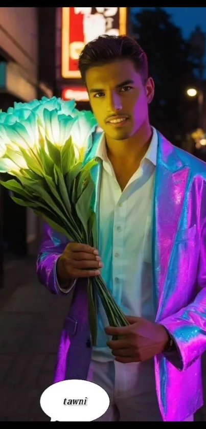 Man in neon jacket holding glowing flowers at night.