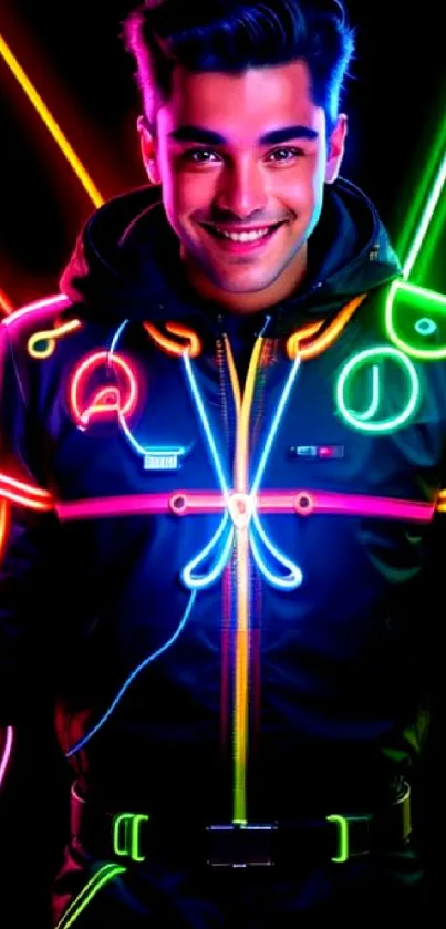 Vibrant neon cyberpunk male portrait with glowing light effects.