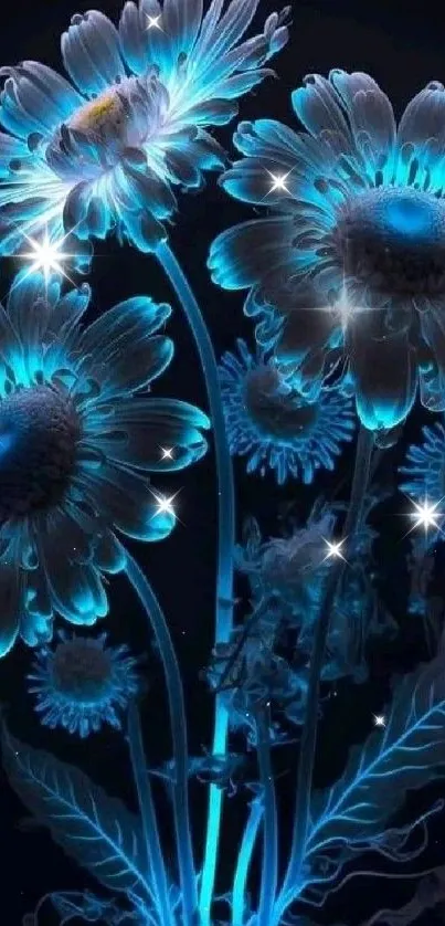 Glowing blue daisy flowers on a dark background.