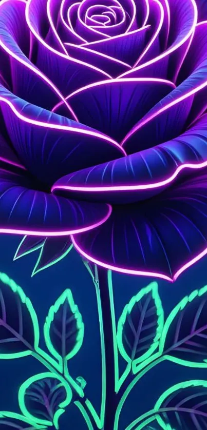 Neon purple rose with glowing leaves on a dark background.