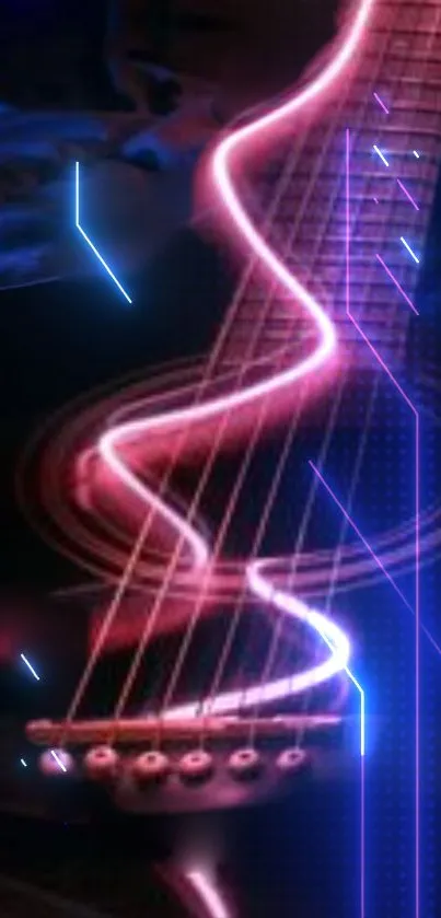 Neon-lit guitar with electric pink and blue accents on black background.