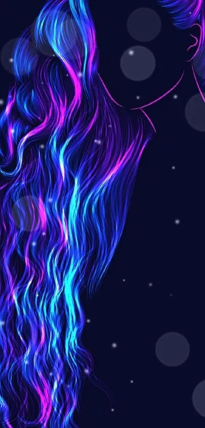 Neon hair art wallpaper with vibrant colors against a dark blue background.
