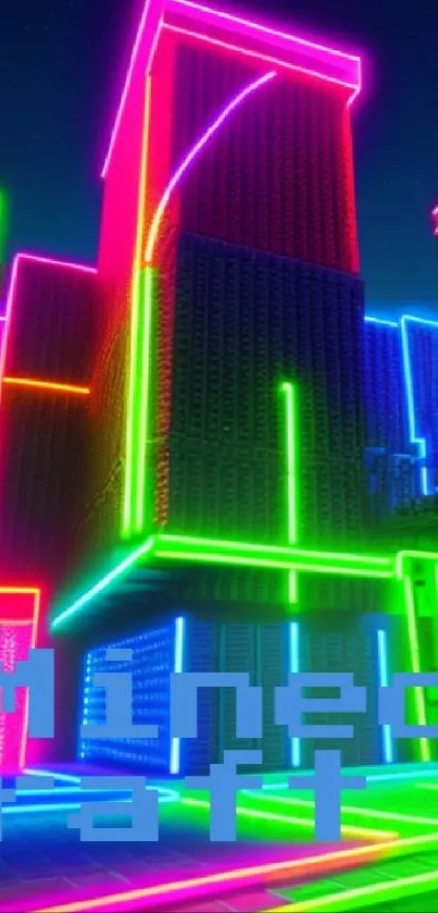 Minecraft cityscape with neon lights glowing in vibrant colors.