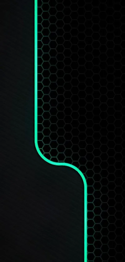 Futuristic black and green neon glow wallpaper with hexagonal patterns.