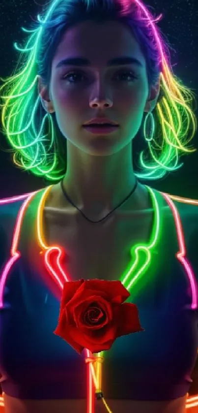 Vibrant neon glow portrait with red rose and luminous colors in the background.