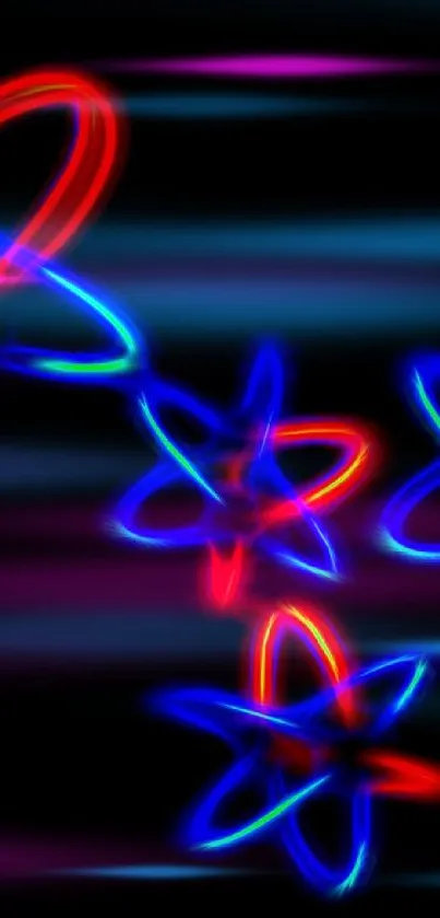 Neon blue and red glowing star vortex wallpaper with black background.