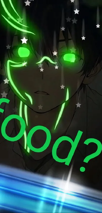 Anime wallpaper with neon green glowing eyes and text 'food?'.