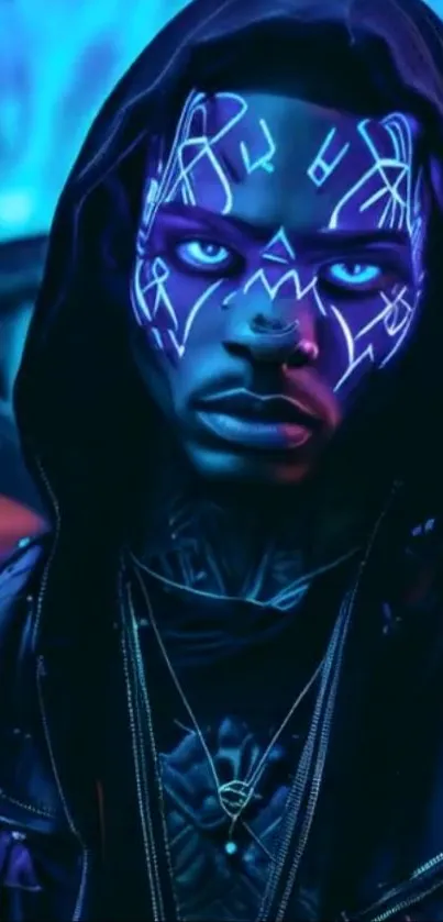 Neon futuristic portrait with glowing designs.