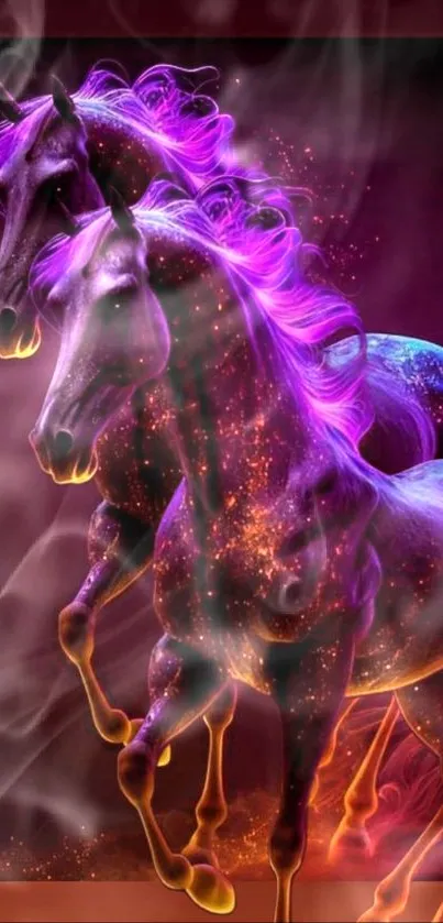Vibrant neon horse with glowing purple and orange in a captivating wallpaper design.