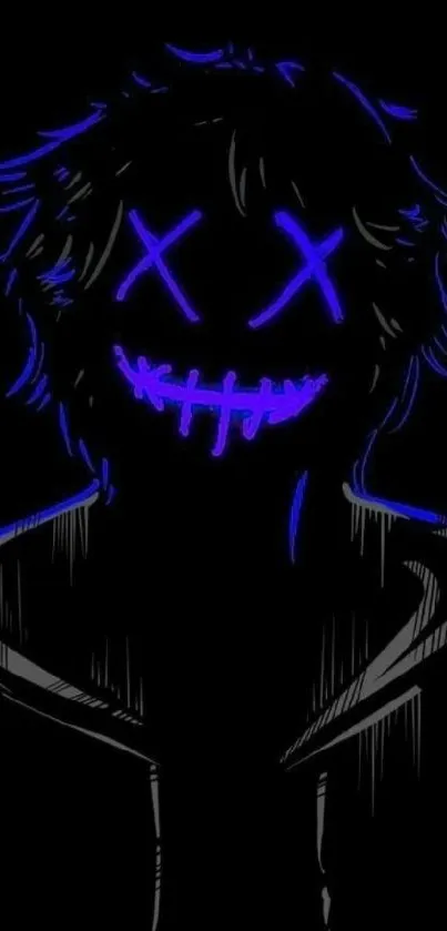 A neon glowing face with a dark mysterious style on a phone wallpaper.