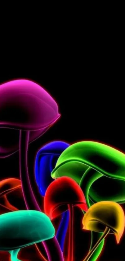 Vibrant neon glowing mushrooms on a black background, perfect for mobile wallpaper.