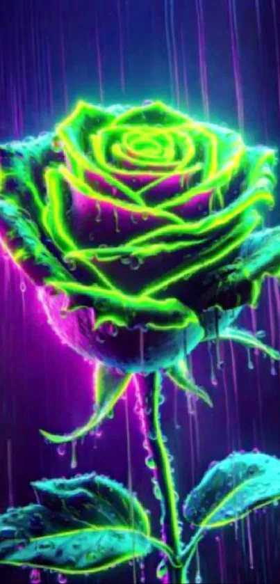 A vibrant neon green and purple glowing rose design on a dark backdrop.