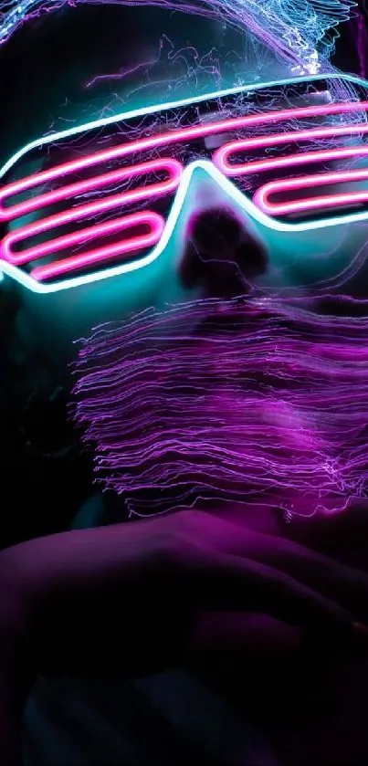 Neon silhouette with glowing magenta shades and blue accents creating a futuristic vibe.