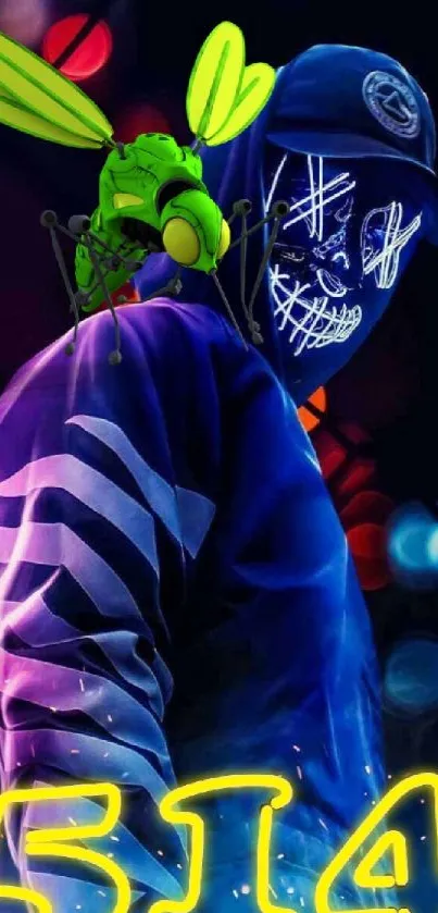 Neon cyberpunk art with hooded figure glowing.