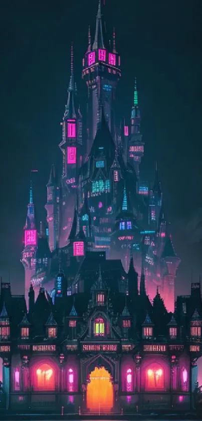 Neon-lit Gothic castle with a mysterious glow.