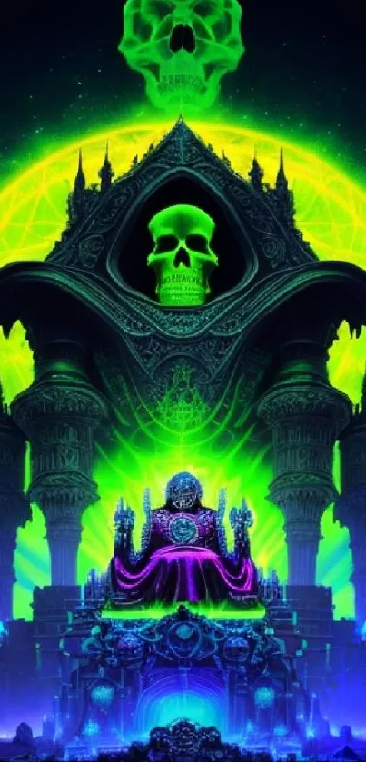 Neon gothic fantasy wallpaper with skull and vibrant colors.