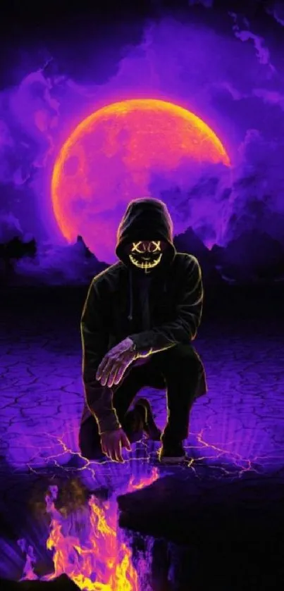 Hooded figure with neon face under a purple moonlit sky.