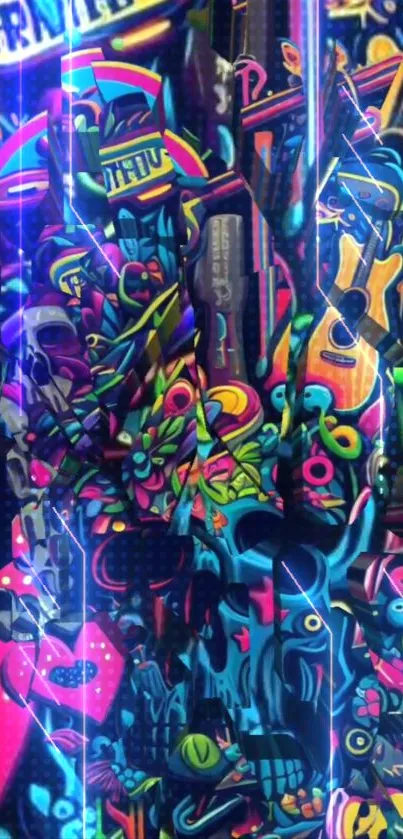 Vibrant neon graffiti art with abstract designs for mobile wallpaper.