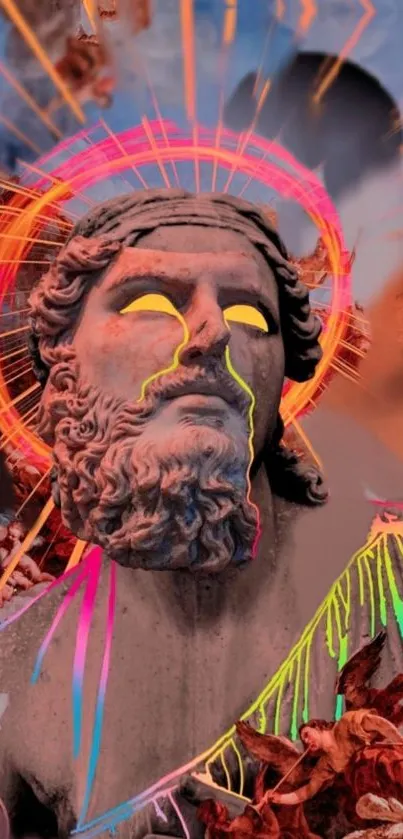 Neon graffiti art on classical stone statue in vibrant colors.