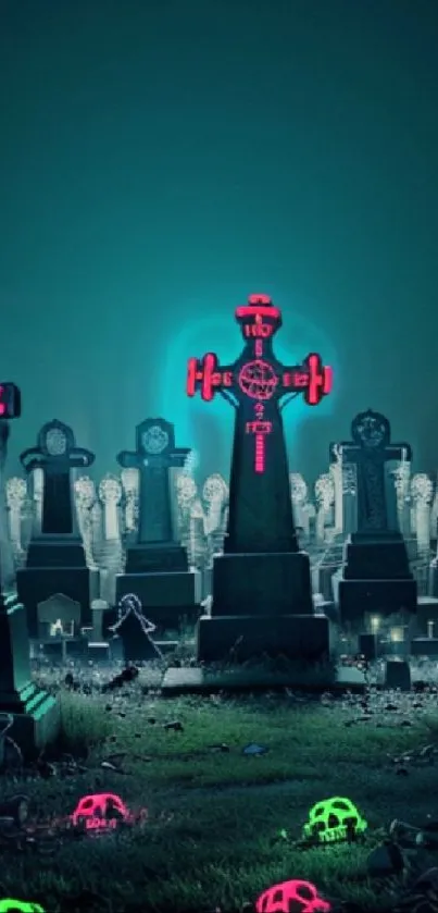 Neon-lit graveyard with colorful skulls and tombstones in a gothic style.