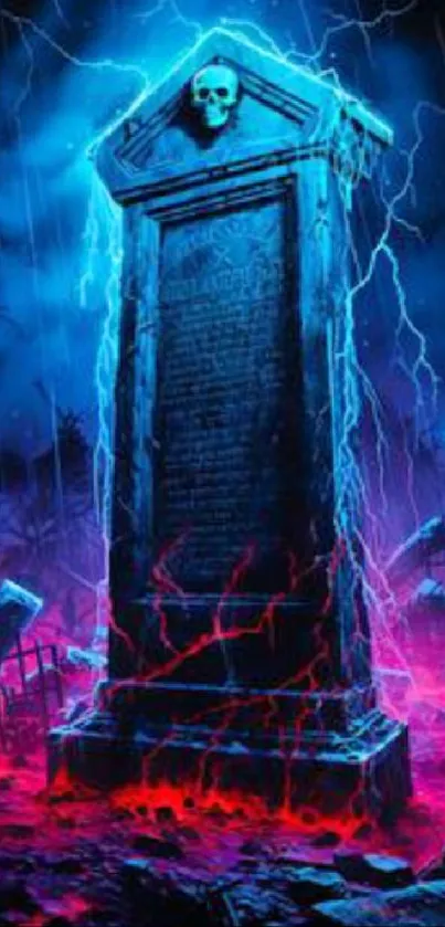 Electric blue tombstone in neon graveyard wallpaper with lightning.