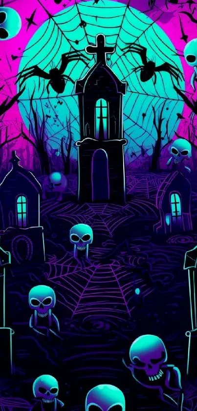 Neon graveyard wallpaper with skulls and eerie lighting.