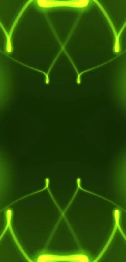 Neon green abstract wallpaper with symmetrical glowing lines.