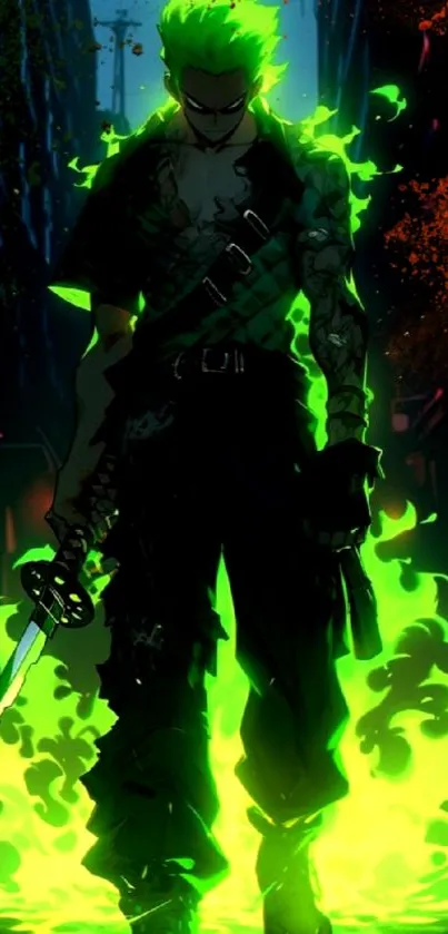 Anime warrior with neon green glow and sword, set in an urban backdrop.