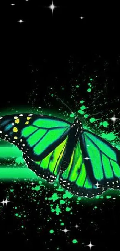 Neon green butterfly on black mobile wallpaper with vibrant splash design.