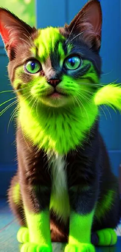 Neon green cat with bright fur highlights sitting on a colorful floor.