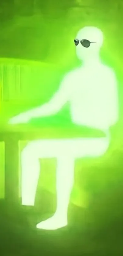 Neon green figure with sunglasses sitting elegantly.