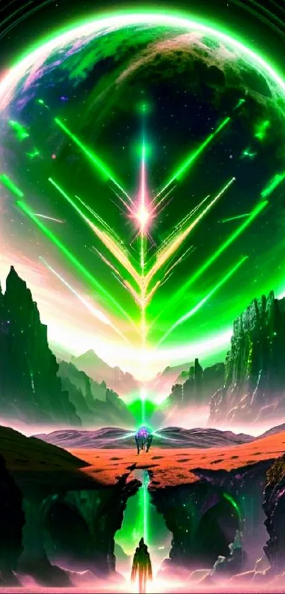 Neon green fantasy landscape with cosmic view and celestial elements.