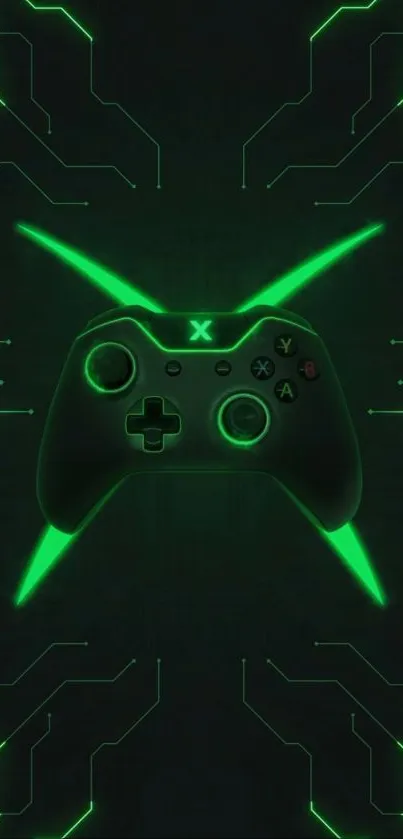 Neon green gaming controller wallpaper with tech design.