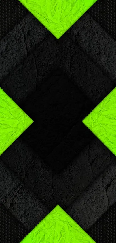 Neon green geometric phone wallpaper with black textures.