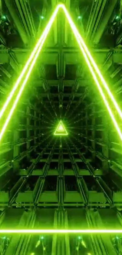 Neon green geometric triangle wallpaper with futuristic design.