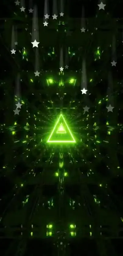 Neon green triangle wallpaper with stars.