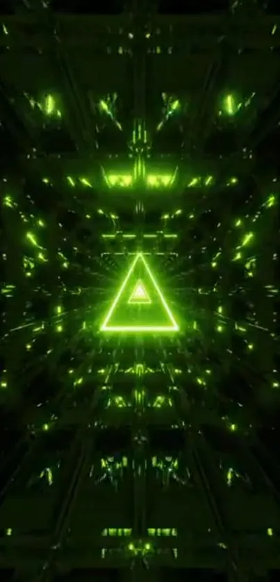 Neon green geometric wallpaper with glowing triangle.