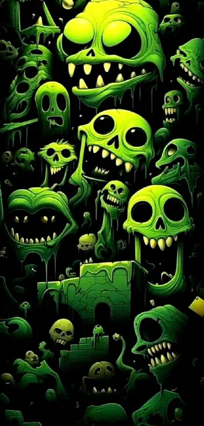 Neon green monster faces wallpaper with a dark background.