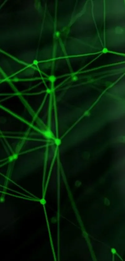 Neon green network pattern on dark background.