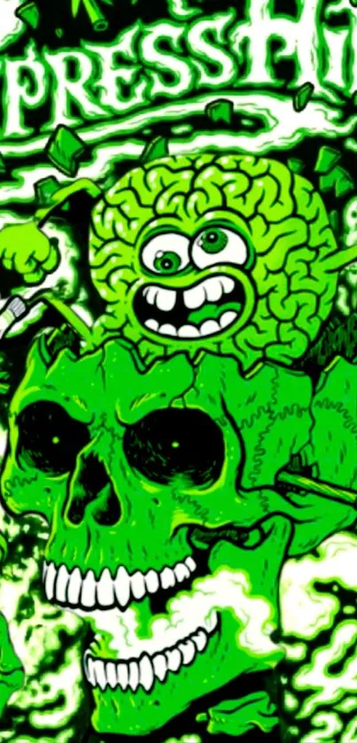 Neon green psychedelic skull art wallpaper with vibrant colors.