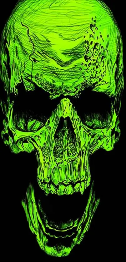 Neon green skull art on black background, bold and edgy wallpaper design.