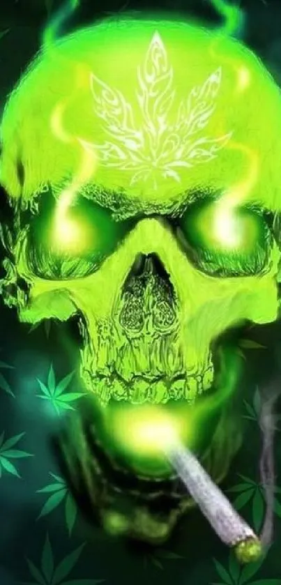 Neon green skull wallpaper with glowing cannabis leaves and a bold design.